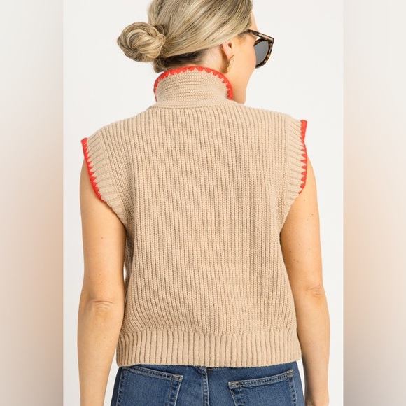 &Merci Tie Neck Sweater Knit Vest blanket stitch Cotton Red/ Tan Color Large - Picture 2 of 8